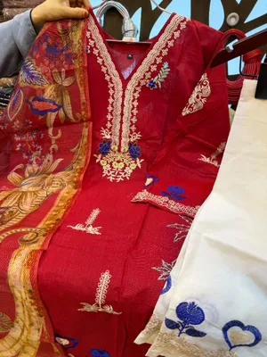 Pakistani-Inspired Slub Cotton Embroidered 3-Piece Suit