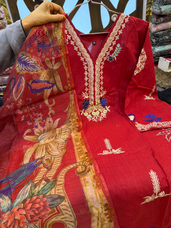 Pakistani-Inspired Slub Cotton Embroidered 3-Piece Suit