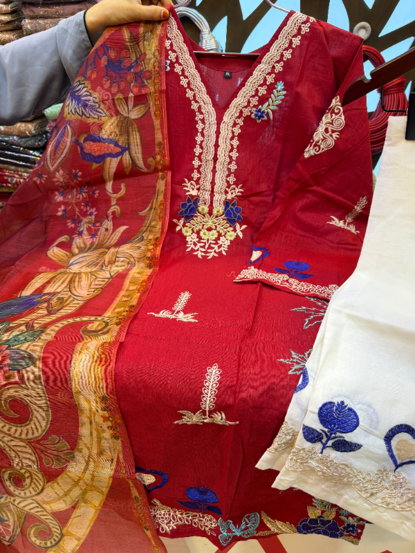Pakistani-Inspired Slub Cotton Embroidered 3-Piece Suit