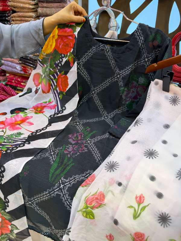 Pakistani-Inspired Geometric & Floral Printed Georgette 3-Piece Suit
