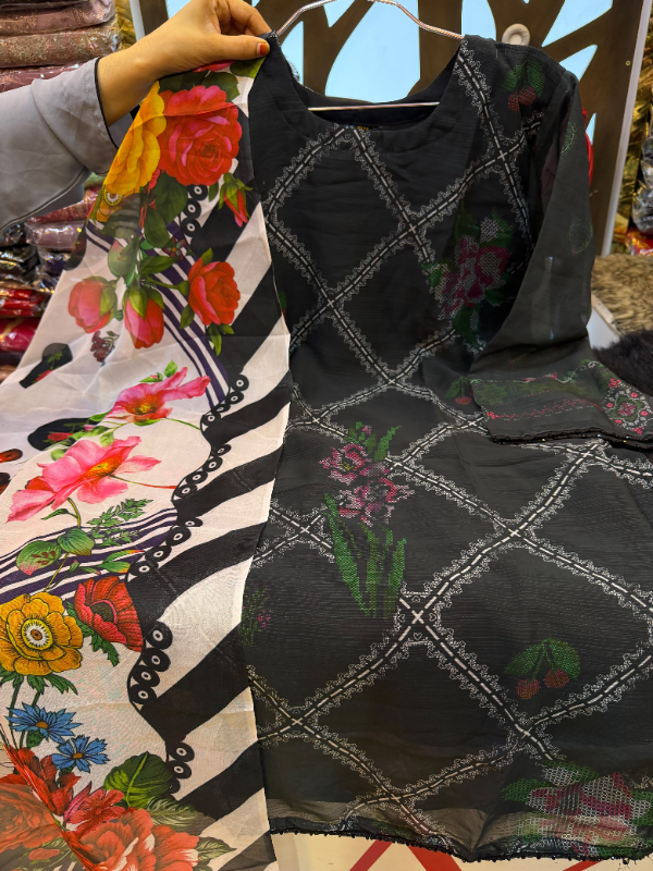 Pakistani-Inspired Geometric & Floral Printed Georgette 3-Piece Suit