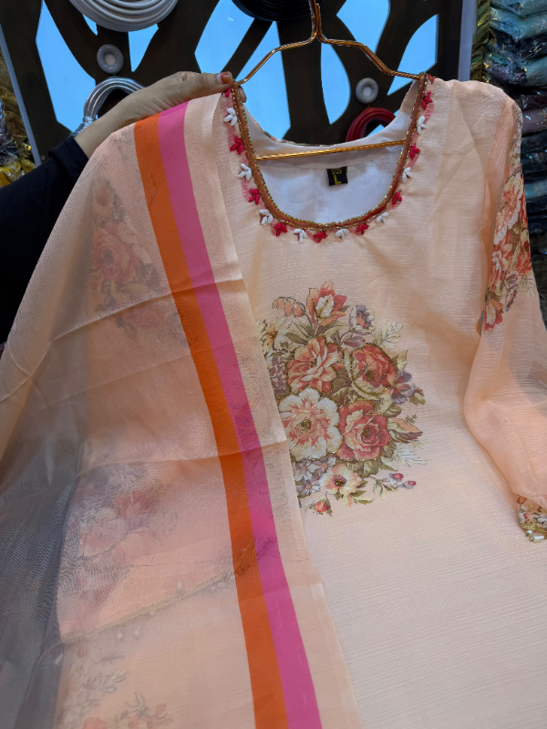 Pakistani-Inspired Floral Printed Georgette 3-Piece Suit - Peach