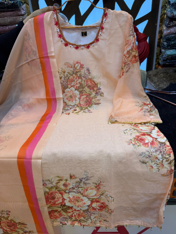 Pakistani-Inspired Floral Printed Georgette 3-Piece Suit - Peach