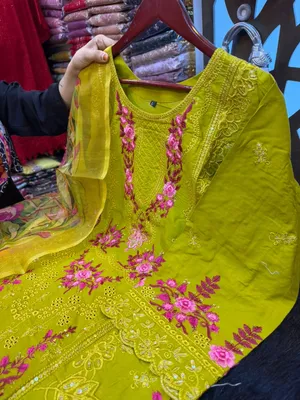 Pakistani-Inspired Embroidered Swiss Lawn 3-Piece Suit - Vibrant Olive Green & Deep Royal Blue