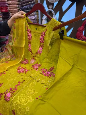 Pakistani-Inspired Embroidered Swiss Lawn 3-Piece Suit - Vibrant Olive Green & Deep Royal Blue