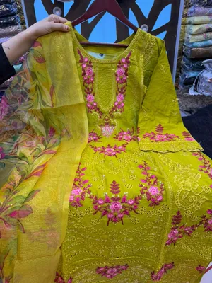 Pakistani-Inspired Embroidered Swiss Lawn 3-Piece Suit - Vibrant Olive Green & Deep Royal Blue