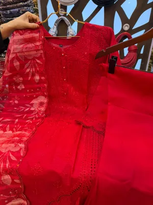 Pakistani-Inspired Embroidered Swiss Lawn 3-Piece Suit - Rich Crimson Red