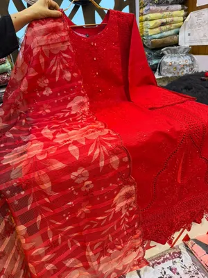 Pakistani-Inspired Embroidered Swiss Lawn 3-Piece Suit - Rich Crimson Red