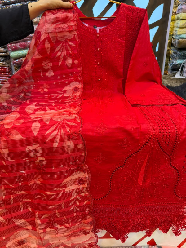 Pakistani-Inspired Embroidered Swiss Lawn 3-Piece Suit - Rich Crimson Red