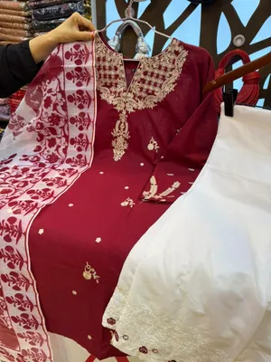 Pakistani-Inspired Embroidered Swiss Lawn 3-Piece Suit -  Crimson Base 