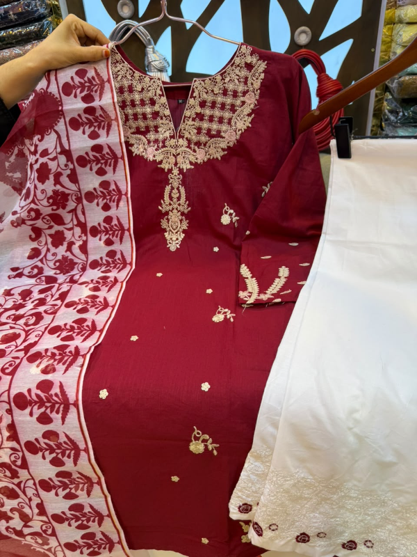 Pakistani-Inspired Embroidered Swiss Lawn 3-Piece Suit -  Crimson Base 