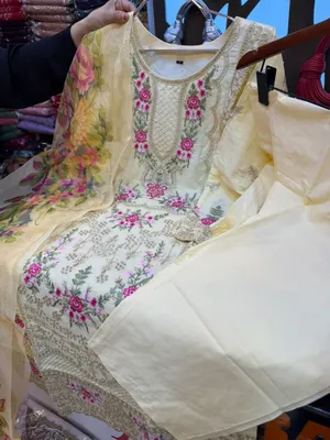 Pakistani-Inspired Embroidered Swiss Lawn 3-Piece Suit - Soft Light Yellow