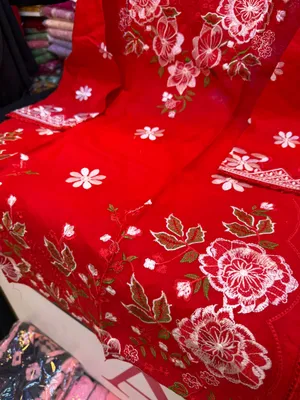 Embroidered Floral Swiss Lawn Cotton Co-Ord Set - Vibrant Red Base with Matching Red Pant