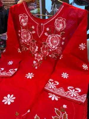 Embroidered Floral Swiss Lawn Cotton Co-Ord Set - Vibrant Red Base with Matching Red Pant