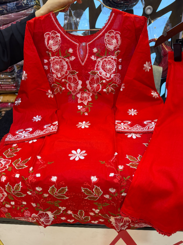 Embroidered Floral Swiss Lawn Cotton Co-Ord Set - Vibrant Red Base with Matching Red Pant