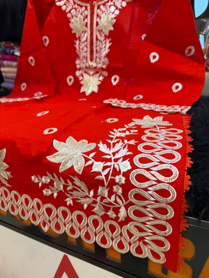 Embroidered Swiss Lawn Cotton Co-Ord Set - Rich Bright Red Base with Matching Red Pant
