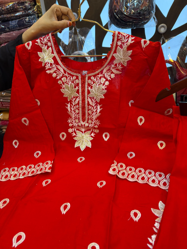 Embroidered Swiss Lawn Cotton Co-Ord Set - Rich Bright Red Base with Matching Red Pant