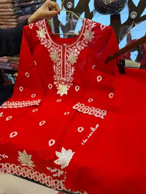 Embroidered Swiss Lawn Cotton Co-Ord Set - Rich Bright Red Base with Matching Red Pant