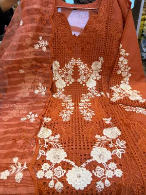 Pakistani-Inspired Laser Cut Embroidered Swiss Lawn 3-Piece Suit - Rust Orange