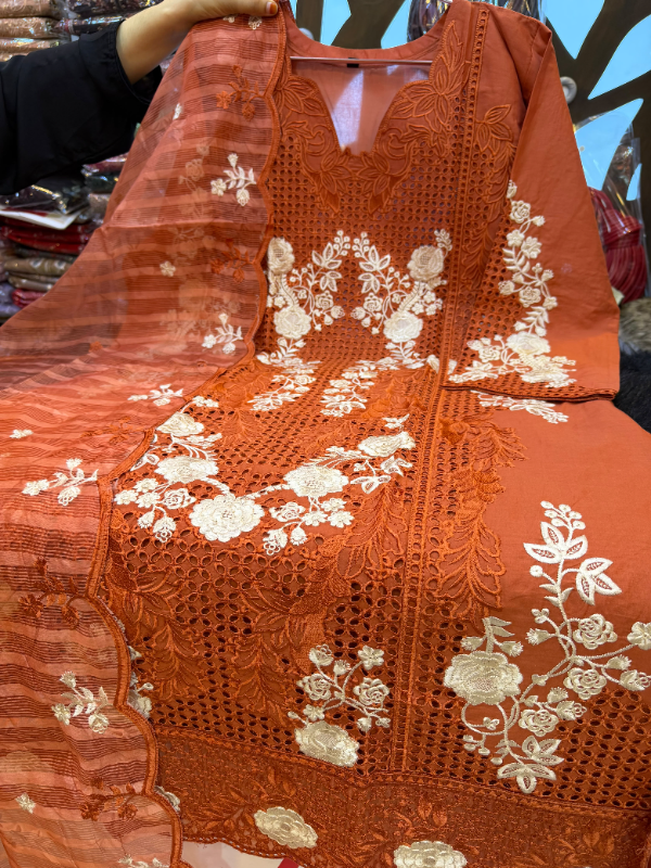 Pakistani-Inspired Laser Cut Embroidered Swiss Lawn 3-Piece Suit - Rust Orange