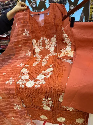 Pakistani-Inspired Laser Cut Embroidered Swiss Lawn 3-Piece Suit - Rust Orange