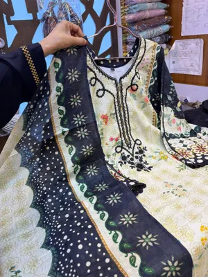 Pakistani-Inspired Floral Printed Swiss Lawn Kaftan Set - Off-White base with Black contrast accents