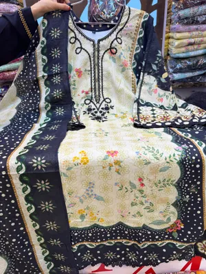 Pakistani-Inspired Floral Printed Swiss Lawn Kaftan Set - Off-White base with Black contrast accents