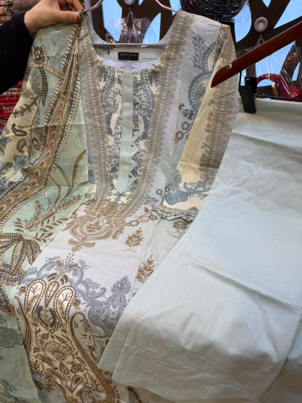 New Swizz Lawn Sea Green & Beige Paisley Printed 3-Piece Suit Collection