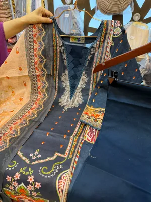 Exclusive Swiss Lawn All Over Printed Stitched Three-Piece Collection (Deep Navy Blue)
