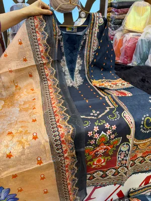 Exclusive Swiss Lawn All Over Printed Stitched Three-Piece Collection (Deep Navy Blue)