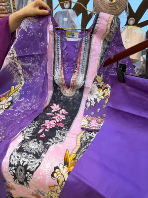 Exclusive Swiss Lawn All Over Printed Stitched Three-Piece Collection (Vibrant Purple & Pink)