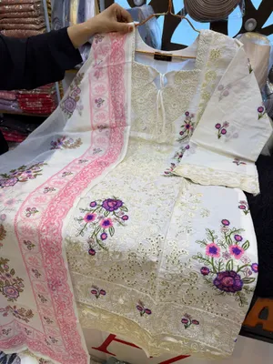 Exclusive Pakistani Inspired Swizz Lawn Stitched Three-Piece Collection (Off-White & Pink)