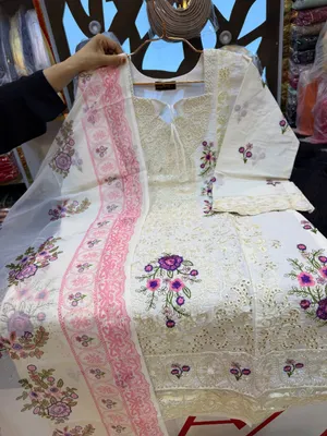 Exclusive Pakistani Inspired Swizz Lawn Stitched Three-Piece Collection (Off-White & Pink)