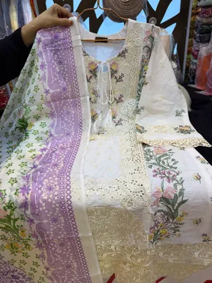 Exclusive Pakistani Inspired Swizz Lawn Stitched Three-Piece Collection (Off-White & Lavender)