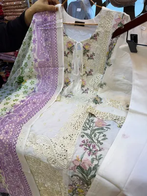 Exclusive Pakistani Inspired Swizz Lawn Stitched Three-Piece Collection (Off-White & Lavender)