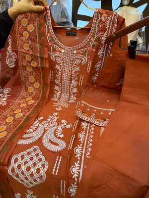 Exclusive Pakistani Inspired Swizz Lawn Stitched Three-Piece Collection (Rust Orange)