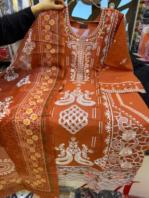 Exclusive Pakistani Inspired Swizz Lawn Stitched Three-Piece Collection (Rust Orange)