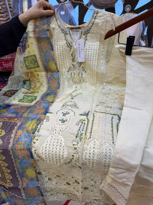 Exclusive Pakistani Inspired Swizz Lawn Stitched Three-Piece Collection (Light Cream & Royal Blue Dupatta)
