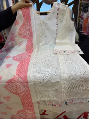 Exclusive Pakistani Inspired Swizz Lawn Stitched Three-Piece Collection (Pristine White & Pink Printed Dupatta)