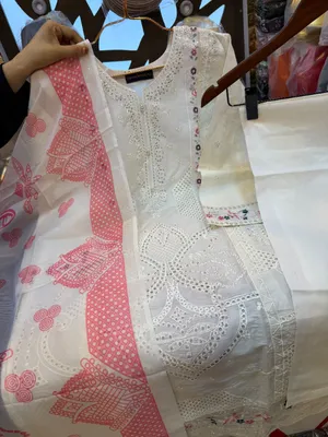 Exclusive Pakistani Inspired Swizz Lawn Stitched Three-Piece Collection (Pristine White & Pink Printed Dupatta)