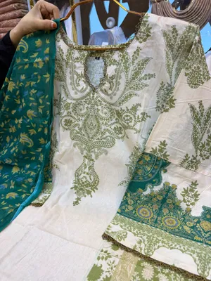Exclusive Swizz Lawn Printed Stitched Three-Piece Collection (Olive Green & Teal)