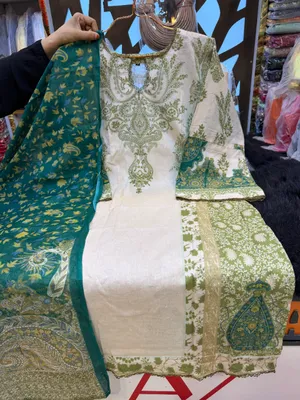 Exclusive Swizz Lawn Printed Stitched Three-Piece Collection (Olive Green & Teal)