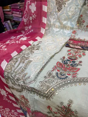 Pakistani-Inspired Embroidered Swizz Lawn Stitched Three-Piece Collection (Mint Green & Magenta)
