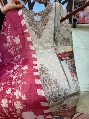 Pakistani-Inspired Embroidered Swizz Lawn Stitched Three-Piece Collection (Mint Green & Magenta)