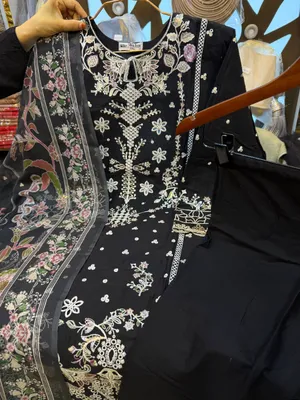 Pakistani-Inspired Embroidered Swizz Lawn Stitched Three-Piece Collection (Classic Jet Black)