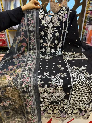 Pakistani-Inspired Embroidered Swizz Lawn Stitched Three-Piece Collection (Classic Jet Black)