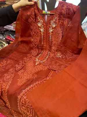 Pakistani-Inspired Embroidered Swizz Lawn Stitched Three-Piece Collection (Rust / Burnt Orange)