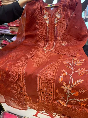 Pakistani-Inspired Embroidered Swizz Lawn Stitched Three-Piece Collection (Rust / Burnt Orange)