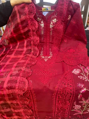 Pakistani-Inspired Embroidered Swizz Lawn Stitched Three-Piece Collection (Deep Maroon / Wine Red)