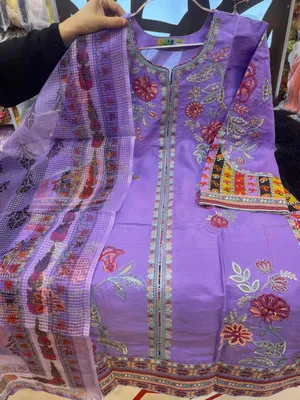 Pakistani-Inspired Embroidered Swizz Lawn Stitched Three-Piece Collection (Lavender Purple)